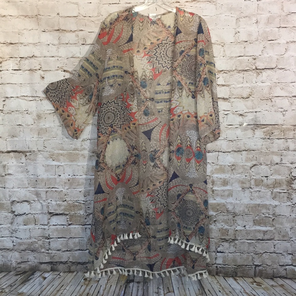 Umgee Beige Multi-Color Tassel Kimono